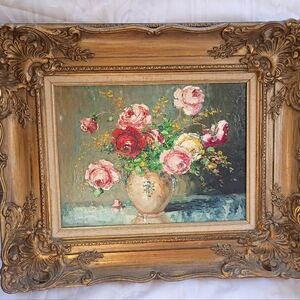 NYC Gallery Vintage Oil Painting Ornate Wood Frame - Fronville Still Life Roses